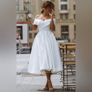 A Line Off-the-shoulder Satin Tea-length Sleeveless Wedding Dress